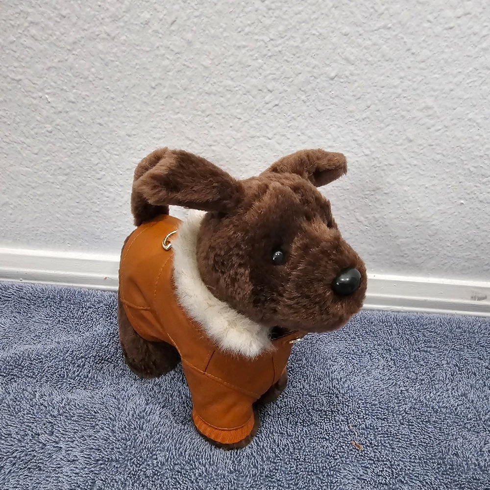 American Girl Doll Brown Plush Puppy Dog with Faux Leather Bomber Jacket Plush